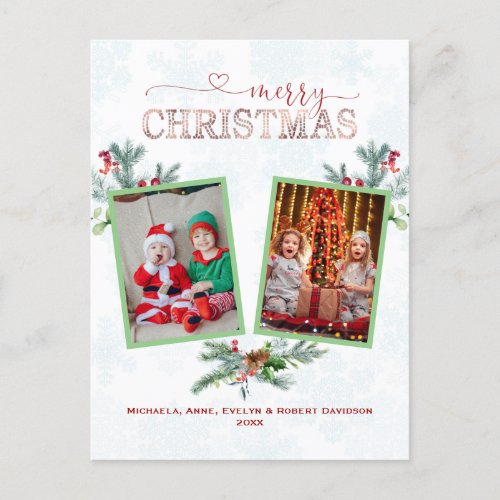 Elegant Photo Collage Merry Christmas Typography Holiday Postcard