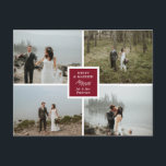 Elegant Photo Collage Merry & Married Postcard<br><div class="desc">Wedding Christmas card with room for four of your wedding photos. Merry & Married written against deep burgundy with a lovely illustration of a leafy twig. Add your own photos,  and on the back,  a personal note.</div>