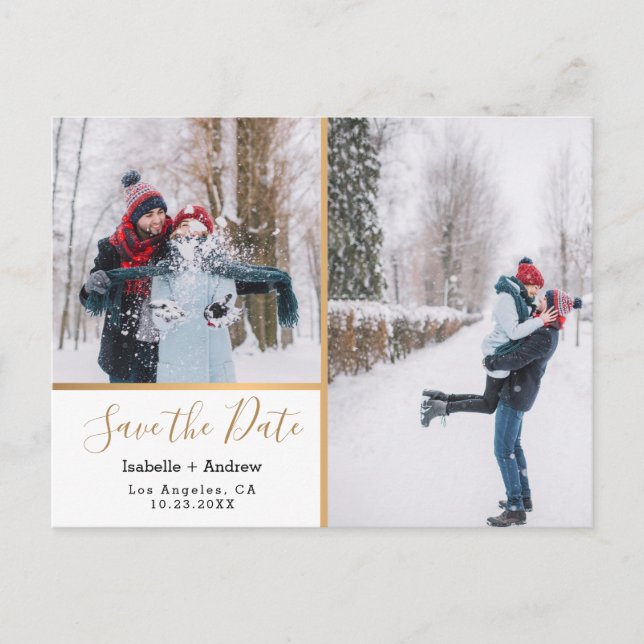 Elegant Photo Collage Metallic Gold Save the Date Announcement Postcard (Front)