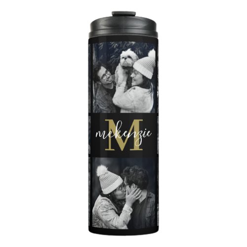 Elegant Photo Collage Monogram Name Thermal Tumbler - Personalized photo collage thermal tumbler featuring a modern black background that can be changed to any color, 8 pictures for you to customize with your own, your initial, and name in a elegant script typography font.