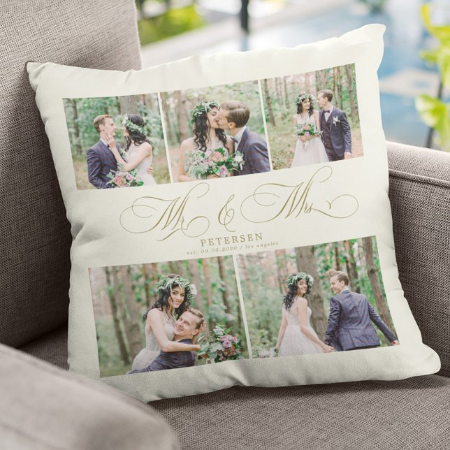 Elegant photo collage Mr and Mrs name personalized Throw Pillow (Creator Uploaded)