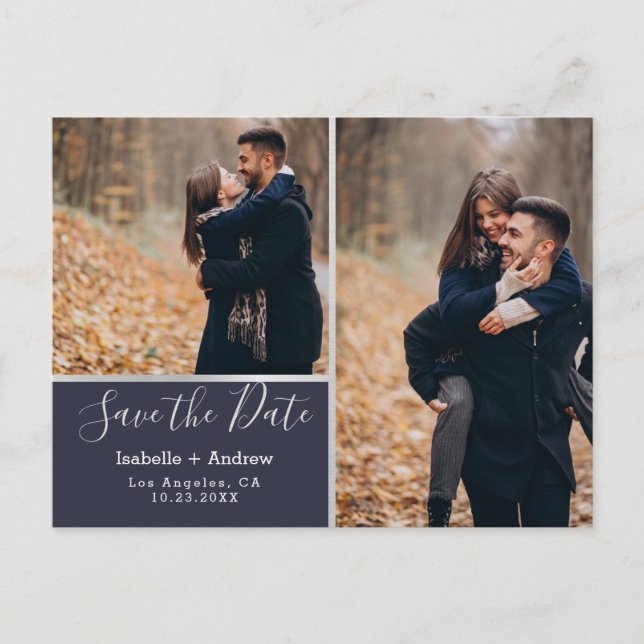Elegant Photo Collage Navy Silver Save the Date Announcement Postcard (Front)