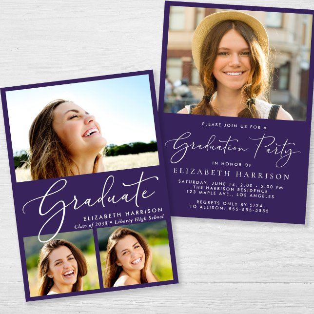 Elegant Photo Collage Purple Graduation Party Invitation (An elegant photo graduation party invitation to celebrate the graduate's achievements)
