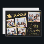Elegant Photo Collage Santa Sleigh Black Gold Holiday Card<br><div class="desc">Elegant black and gold holiday card featuring a 5 photo collage of scattered pictures in frames,  a silhouette of reindeers flying Santa's sleigh,  "Merry Christmas" in a stylish script and your name in simple modern typography.</div>