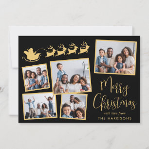 Elegant Photo Collage Santa Sleigh Black Gold Holiday Card