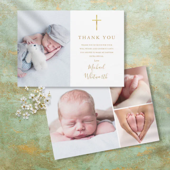 Elegant Photo Collage Signature Script Baptism Thank You Card | Zazzle