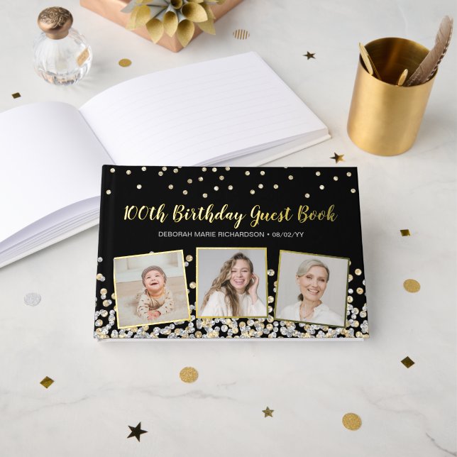 Elegant Photo Collage Silver Gold 100th Birthday Foil Guest Book (Front Open)