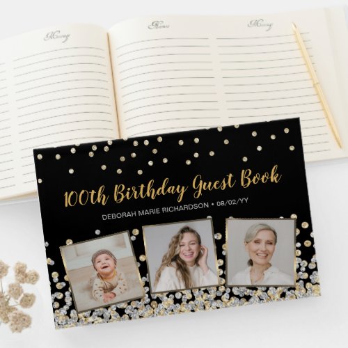 Elegant Photo Collage Silver Gold 100th Birthday Guest Book