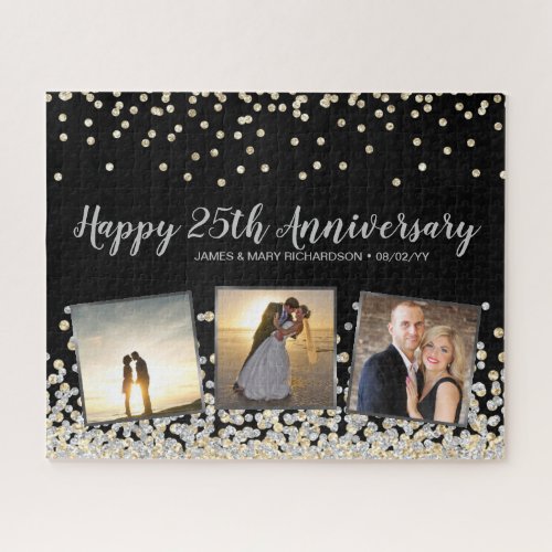Elegant Photo Collage Silver Gold 25th Anniversary Jigsaw Puzzle