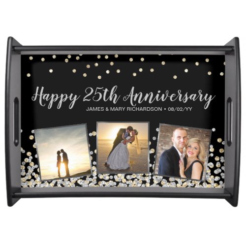 Elegant Photo Collage Silver Gold 25th Anniversary Serving Tray
