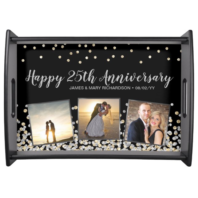 Elegant Photo Collage Silver Gold 25th Anniversary Serving Tray (Front)