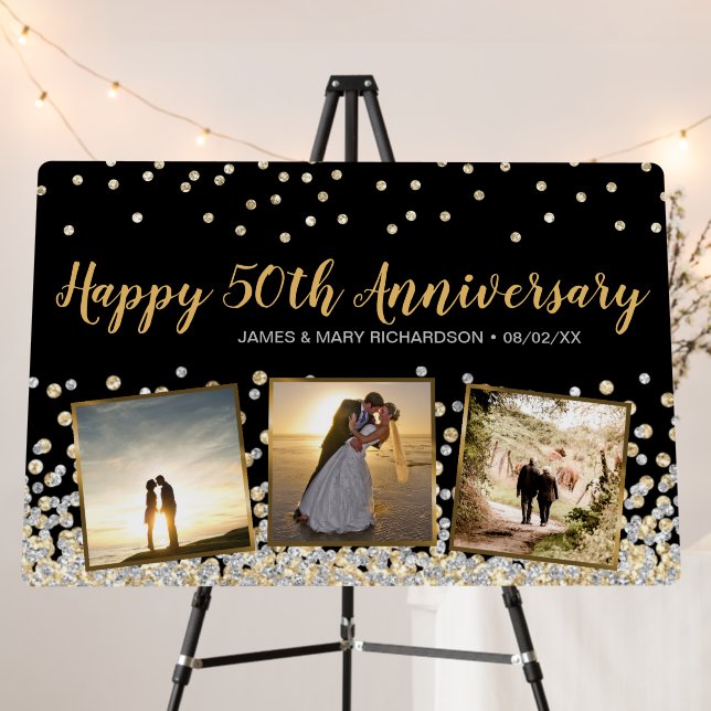 Elegant Photo Collage Silver Gold 50th Anniversary Foam Board (In Situ (Stand))