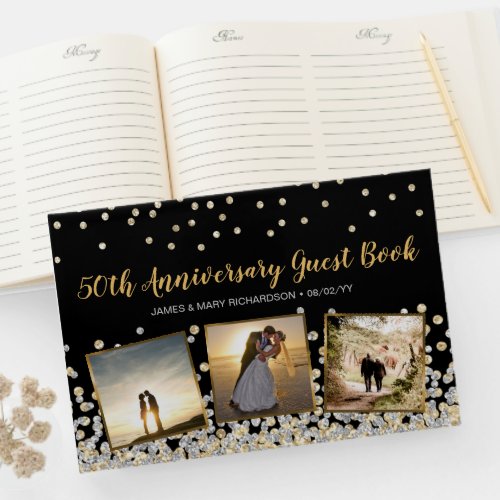 Elegant Photo Collage Silver Gold 50th Anniversary Guest Book