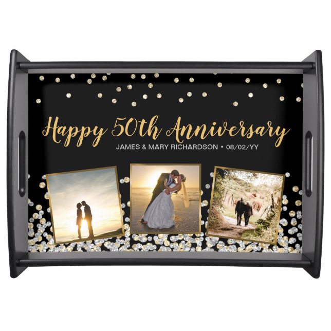 Elegant Photo Collage Silver Gold 50th Anniversary Serving Tray (Front)