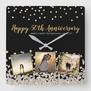 Elegant Photo Collage Silver Gold 50th Anniversary Square Wall Clock