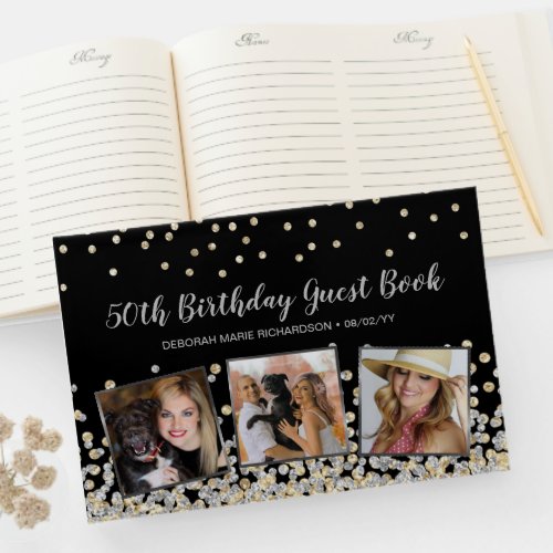 Elegant Photo Collage Silver Gold 50th Birthday Guest Book