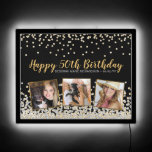 Elegant Photo Collage Silver Gold 50th Birthday LED Sign<br><div class="desc">Elegant custom birthday sign design featuring gold and silver confetti over a black background, modern script typography with the words "Happy 50th Birthday" (in gold), your name and date (in silver), and three of your favorite photos framed in metallic gold foil. Feel free to contact me if you need help...</div>