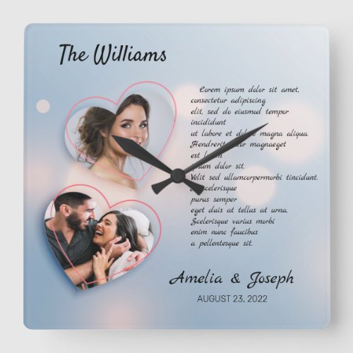 Elegant photo collage wedding clock with text