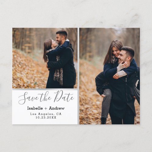 Elegant Photo Collage White Silver Save the Date Announcement Postcard