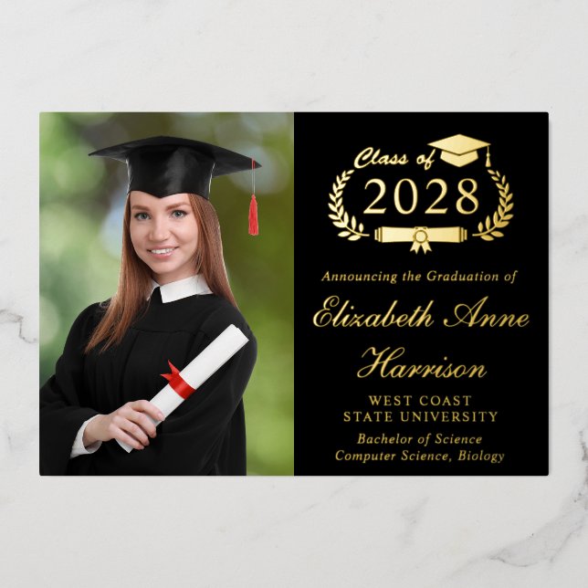 Elegant Photo College Black Graduation Party Foil Invitation (Front)