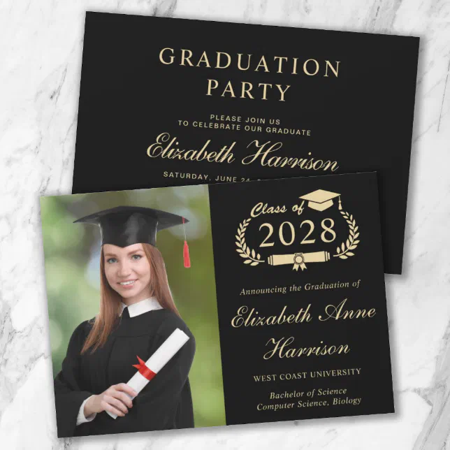 Elegant Photo College Black Graduation Party Invitation | Zazzle