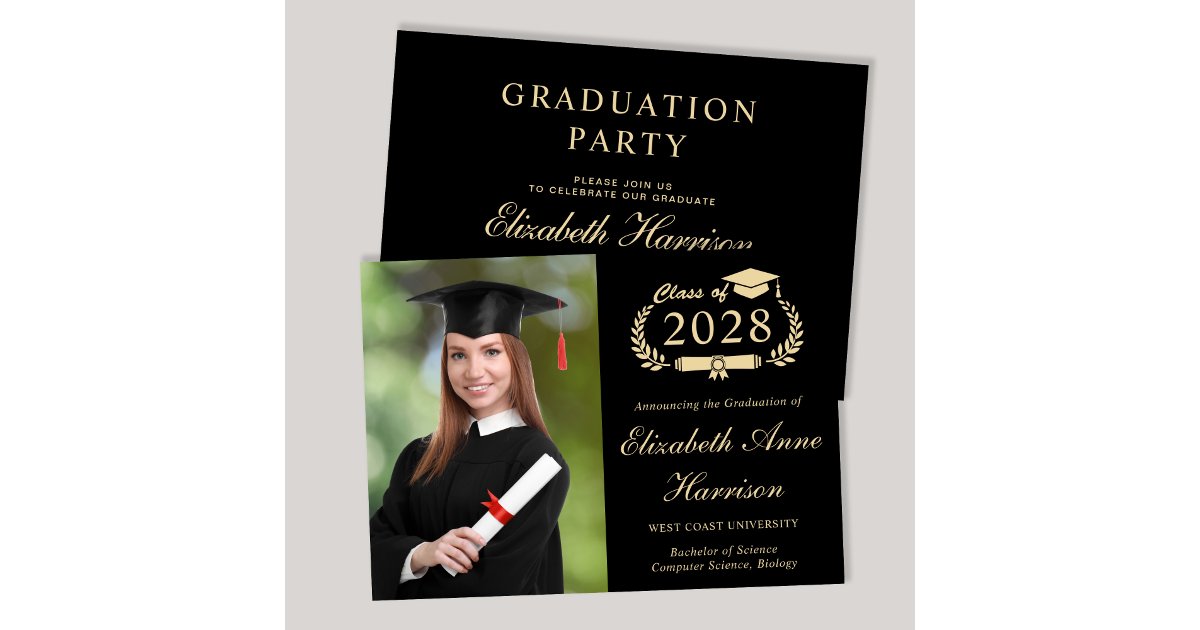 Elegant Photo College Black Graduation Party Invitation | Zazzle