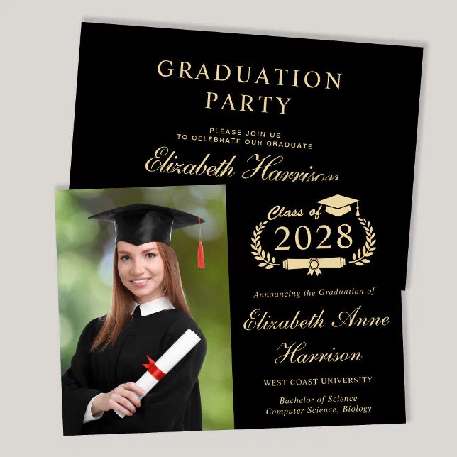 Elegant Photo College Black Graduation Party Invitation | Zazzle