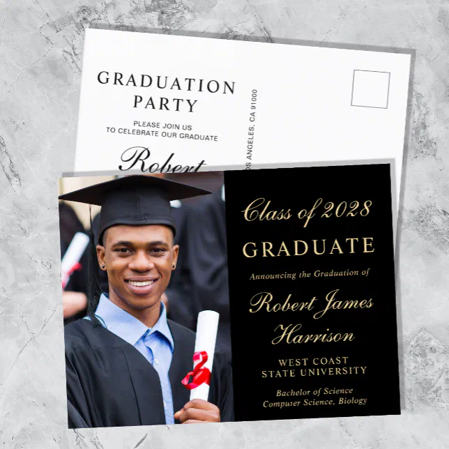 Elegant Photo College Black Graduation Party Invitation Postcard | Zazzle