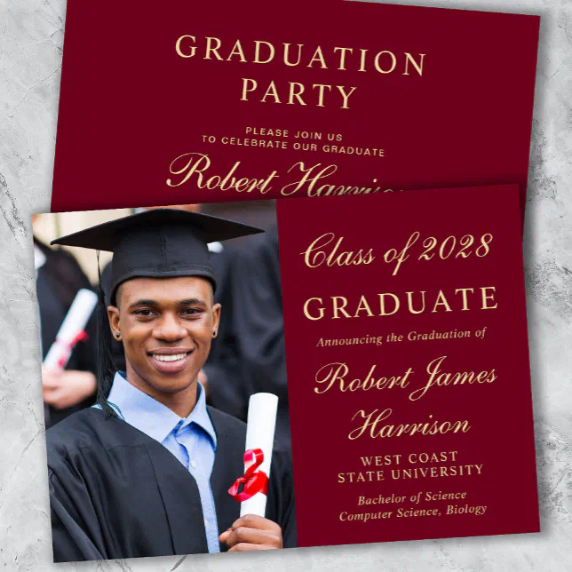 Elegant Photo College Burgundy Graduation Party Invitation | Zazzle