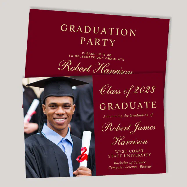 Elegant Photo College Burgundy Graduation Party Invitation | Zazzle