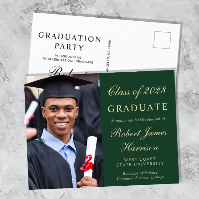 Elegant Photo College Green Graduation Party Invitation Postcard (Creator Uploaded)