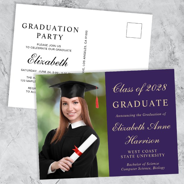 Elegant Photo College Purple Graduation Party Invitation Postcard (Creator Uploaded)