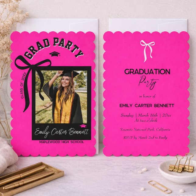 Elegant Photo Coquette Black Pink Bow Graduation  Invitation (Creator Uploaded)