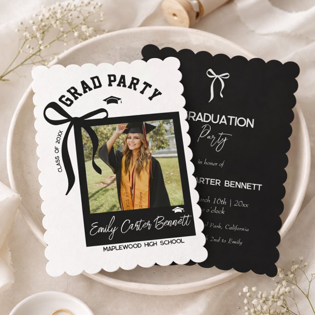 Elegant Photo Coquette Black White Bow Graduation  Invitation (Creator Uploaded)