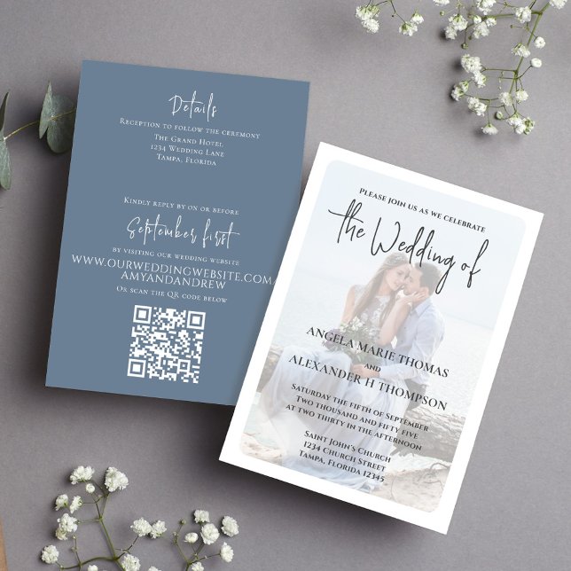 Elegant Photo Dusty Blue Minimalist QR Code RSVP  Invitation (Elegant Wedding invitation with a minimalist photo vellum photo overlay effect.)