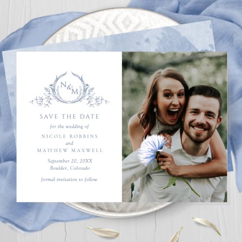 Elegant Photo Dusty Blue Monogram Wedding Save The Date