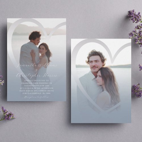 Elegant Photo  Dusty Blue  Silver Heart Wedding Invitation