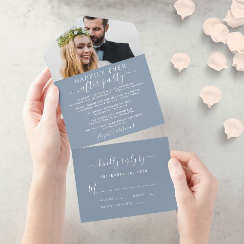 Elegant Photo Dusty Blue Wedding Reception All In One Invitation
