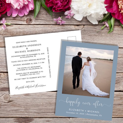 Elegant Photo Dusty Blue Wedding Reception Invitation Postcard