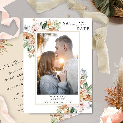 Elegant Photo Earthy Blooms and Beige Wedding Save The Date