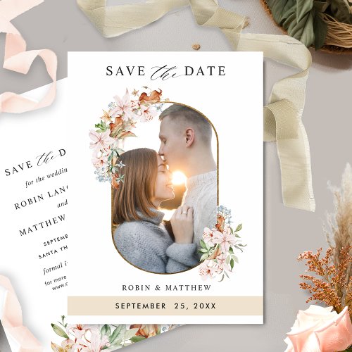 Elegant Photo Earthy Blooms Beige Stripe Wedding Save The Date