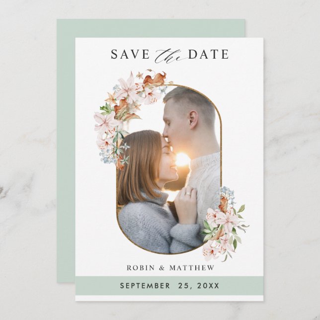 Elegant Photo Earthy Blooms with Green Wedding Save The Date (Front/Back)