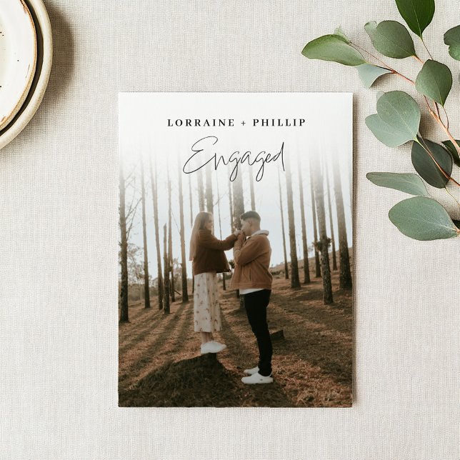 Elegant Photo Engagement Party hand written script Invitation (Full Photo with white Gradient & Handwritten Script Engagement Party Invitation. With couples names.)
