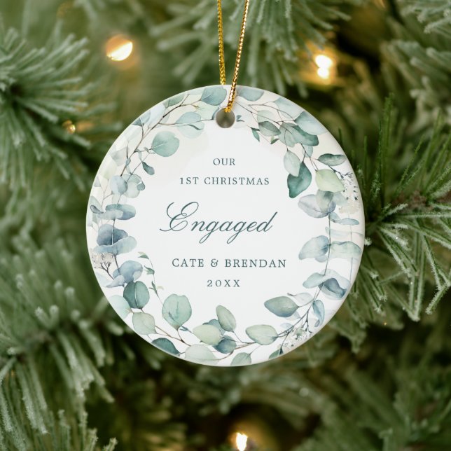 Elegant Photo Eucalyptus Greenery Wreath Engaged Ceramic Ornament (Tree)