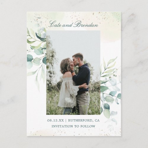Elegant Photo Eucalyptus Wedding Save the Date Announcement Postcard