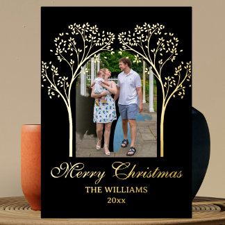 Elegant photo family arch calligraphy black gold foil holiday card