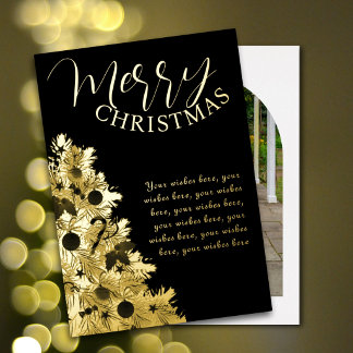 Elegant photo family calligraphy tree black gold foil holiday card