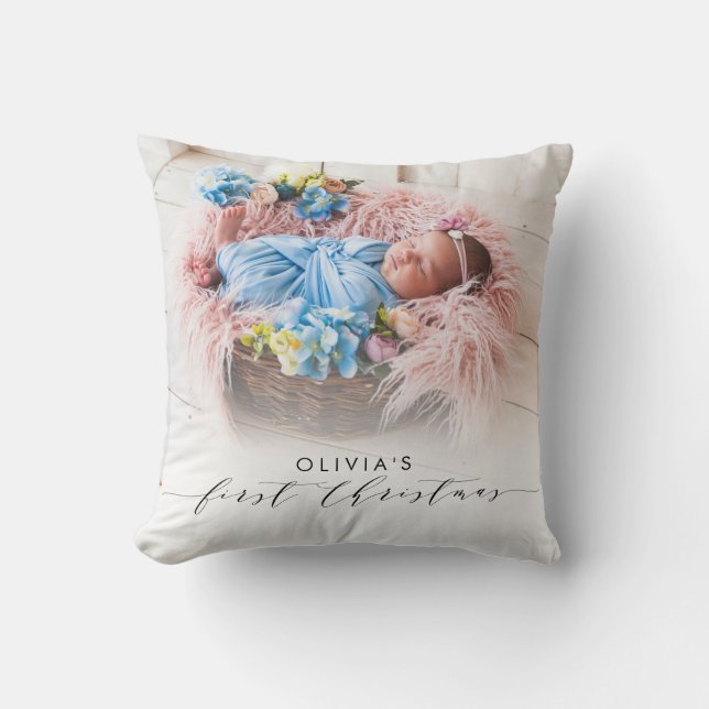 Elegant Photo First Christmas Hand-Lettering Throw Pillow (Front)