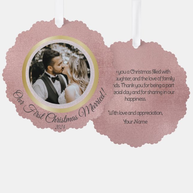 Elegant Photo First Christmas Married Rose Gold  Ornament Card (Front/Back)