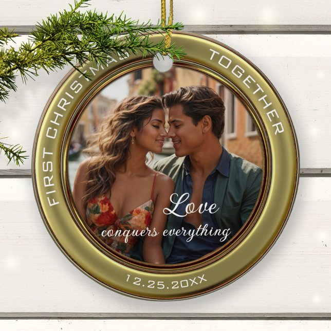 Elegant Photo First Christmas Together Ceramic Ornament (Christmas ornament featuring your own custom photo framed by a stylish green gold metallic design)